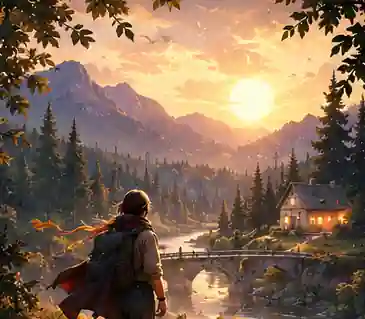 Warm fictional river valley adventure illustration